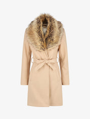 Manteau long col en fourrure - Beige - 1