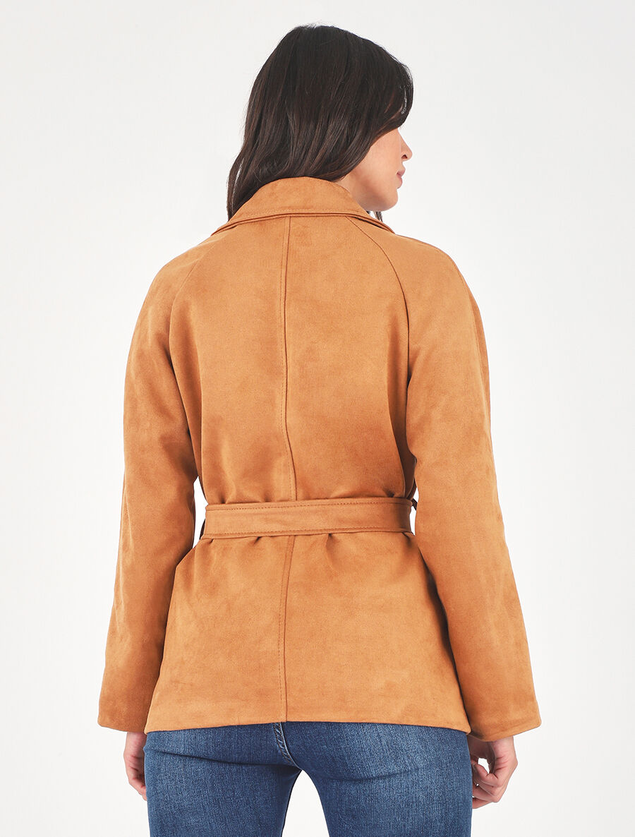 Veste droite en suédine ceinturée - Camel - 5