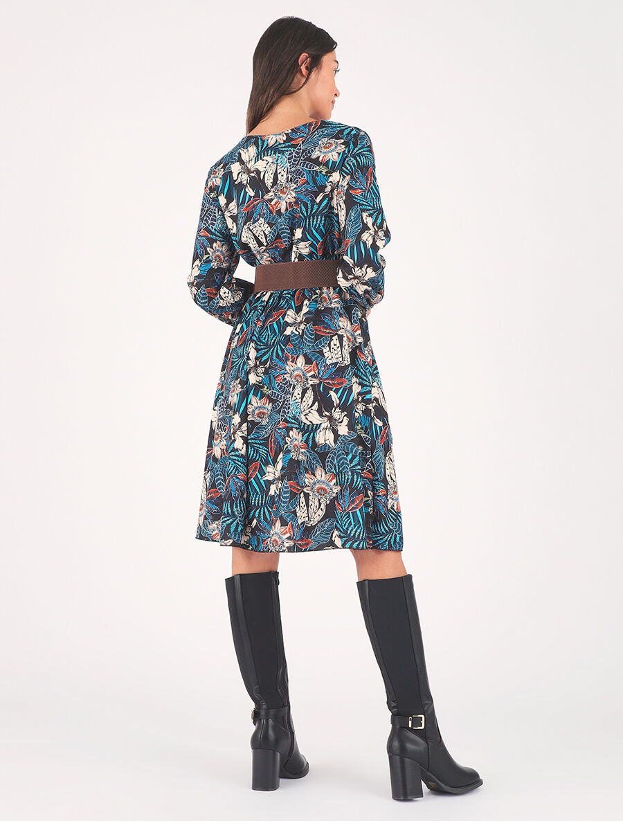 Robe évasée imprimé tropical - Bleu canard - 2