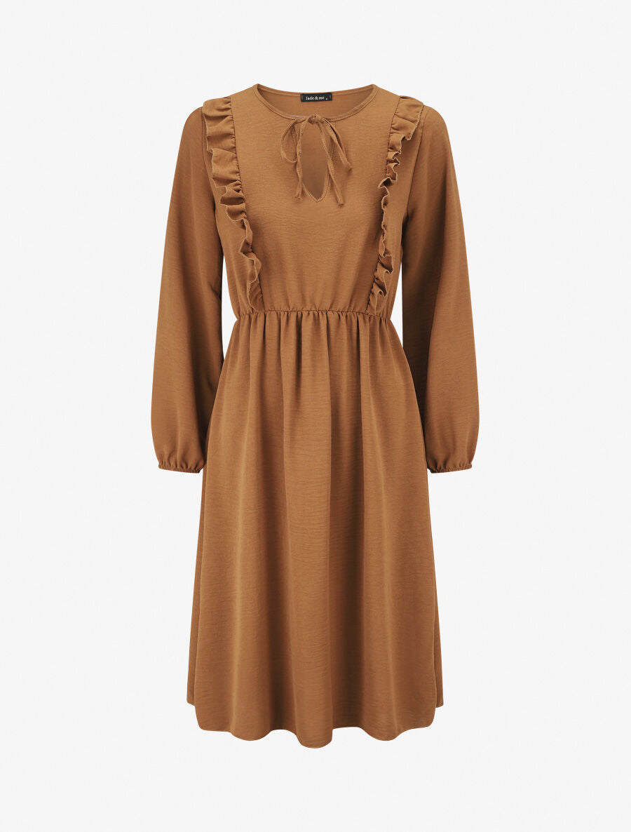 Robe uni à col en V décolleté - Camel - 6