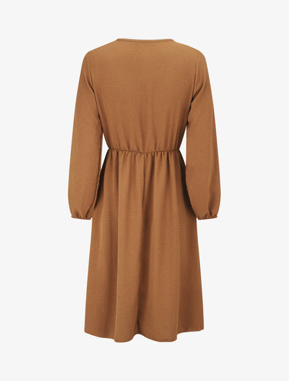 Robe uni à col en V décolleté - Camel - 2