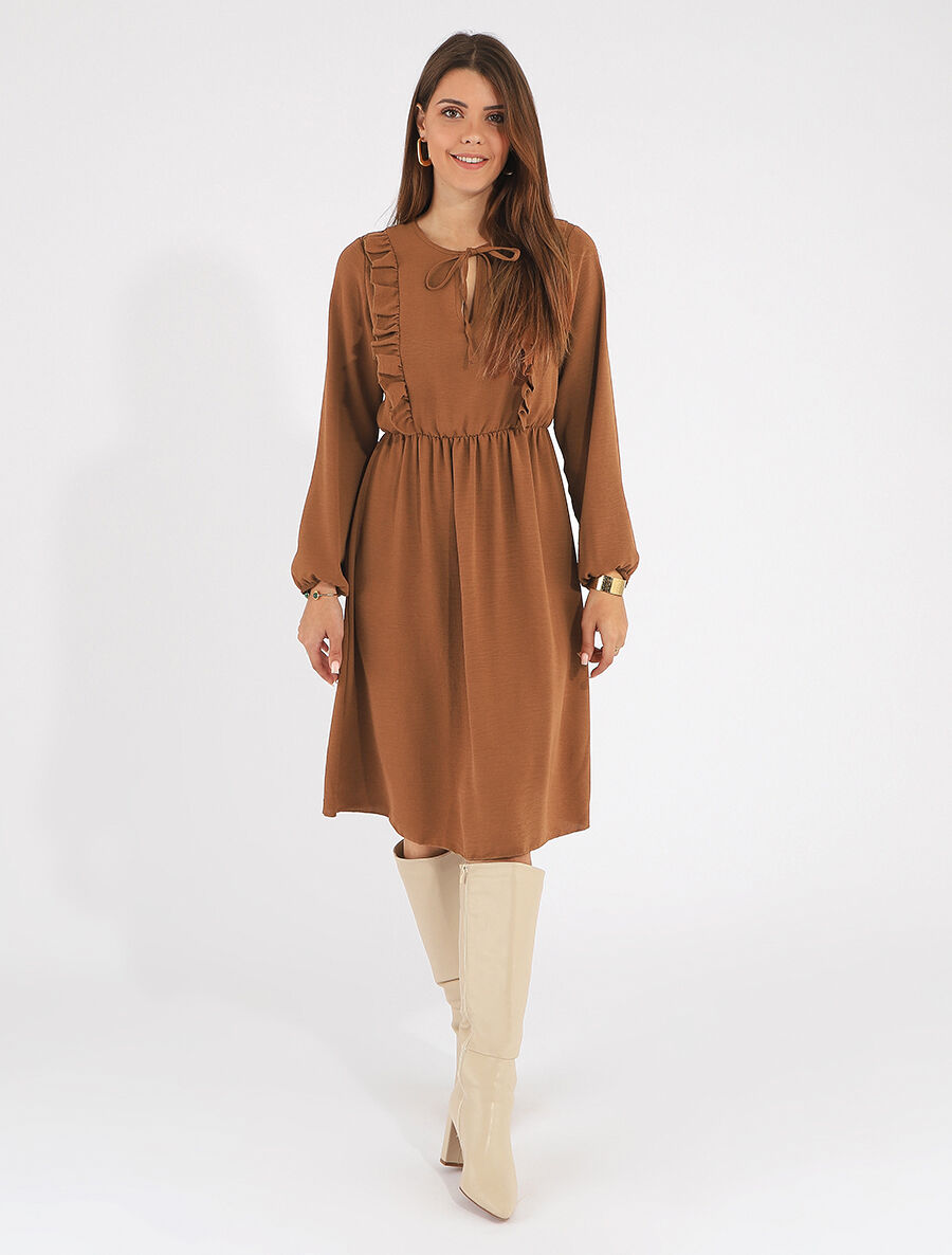 Robe uni à col en V décolleté - Camel - 4