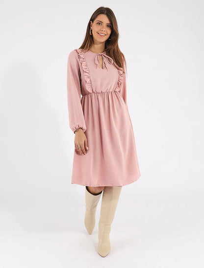 Robe uni à col en V décolleté - Rose - 4