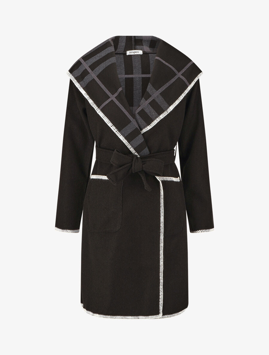 Manteau long à capuche et col à carreaux - Noir - 1