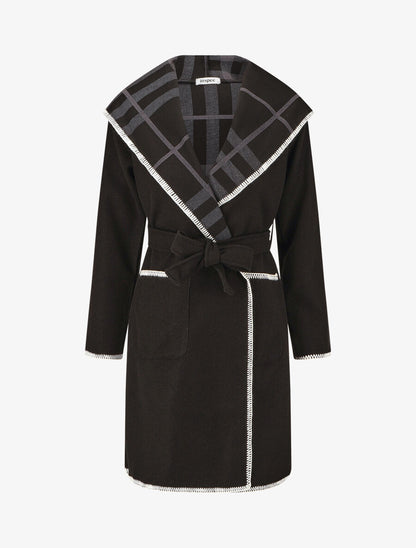 Manteau long à capuche et col à carreaux - Noir - 1