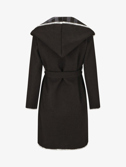 Manteau long à capuche et col à carreaux - Noir - 2