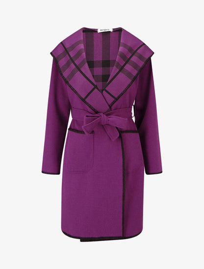 Manteau long à capuche et col à carreaux - Violet - 1
