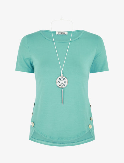 T-shirt à boutons décoratifs - Turquoise - 1