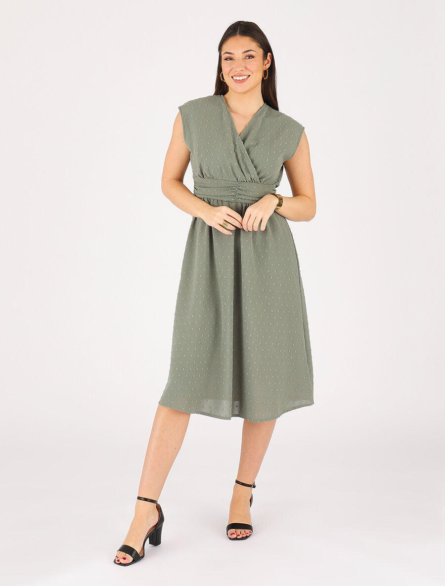 Robe longue élastiquée et texturée - Kaki - 4