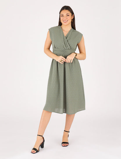 Robe longue élastiquée et texturée - Kaki - 4