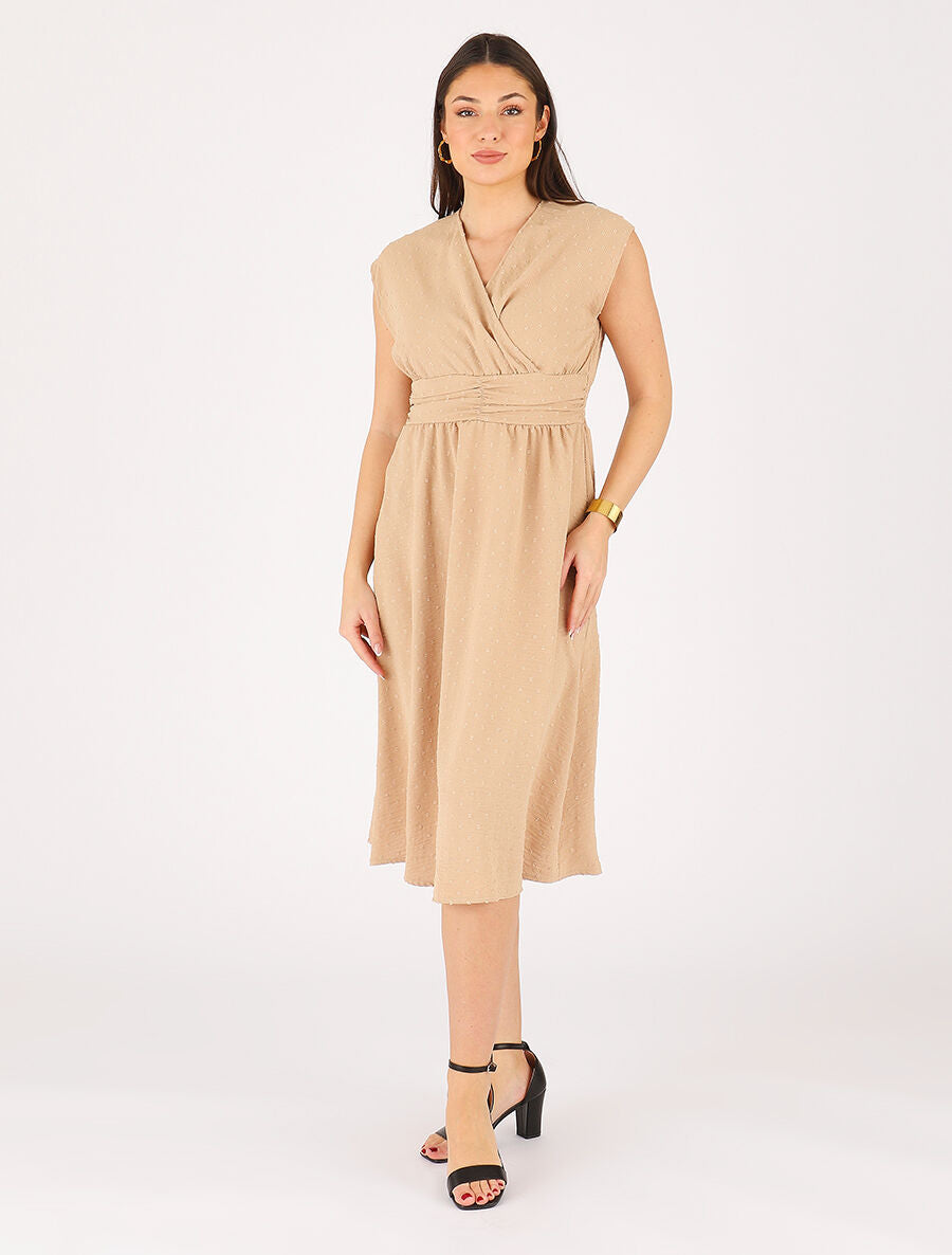 Robe longue élastiquée et texturée - Beige - 4