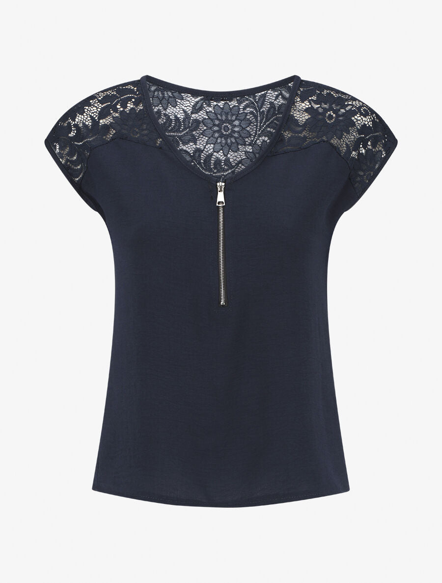 Top uni à zip et dentelle - Marine - 5