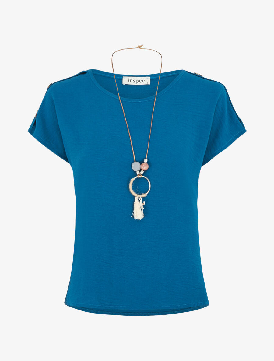 Top fluide à manches courtes et sautoir - Bleu canard - 1