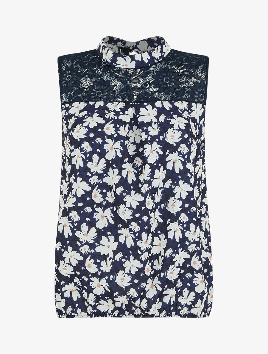 Top imprimé floral à détail dentelle - Marine - 1