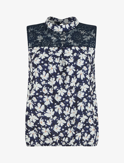 Top imprimé floral à détail dentelle - Marine - 1