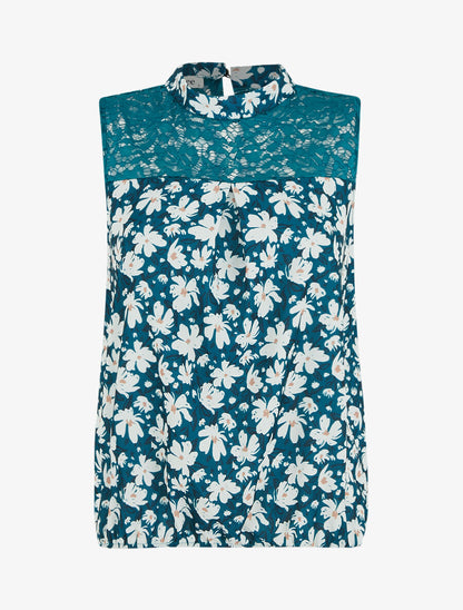 Top imprimé floral à détail dentelle - Bleu canard - 1