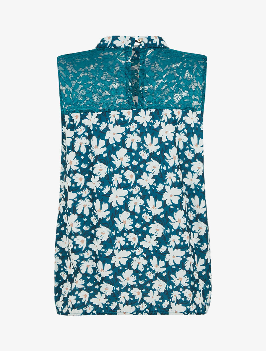 Top imprimé floral à détail dentelle - Bleu canard - 2