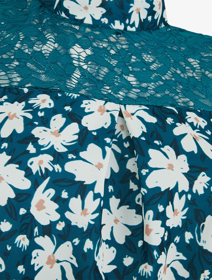 Top imprimé floral à détail dentelle - Bleu canard - 3