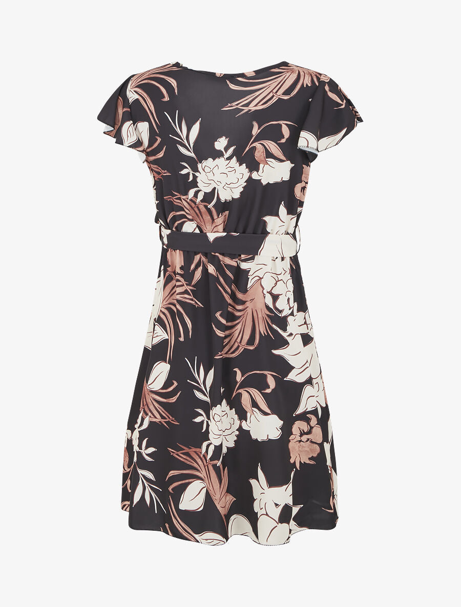 Robe mi-longue évasée imprimé fleuri - Noir - 2