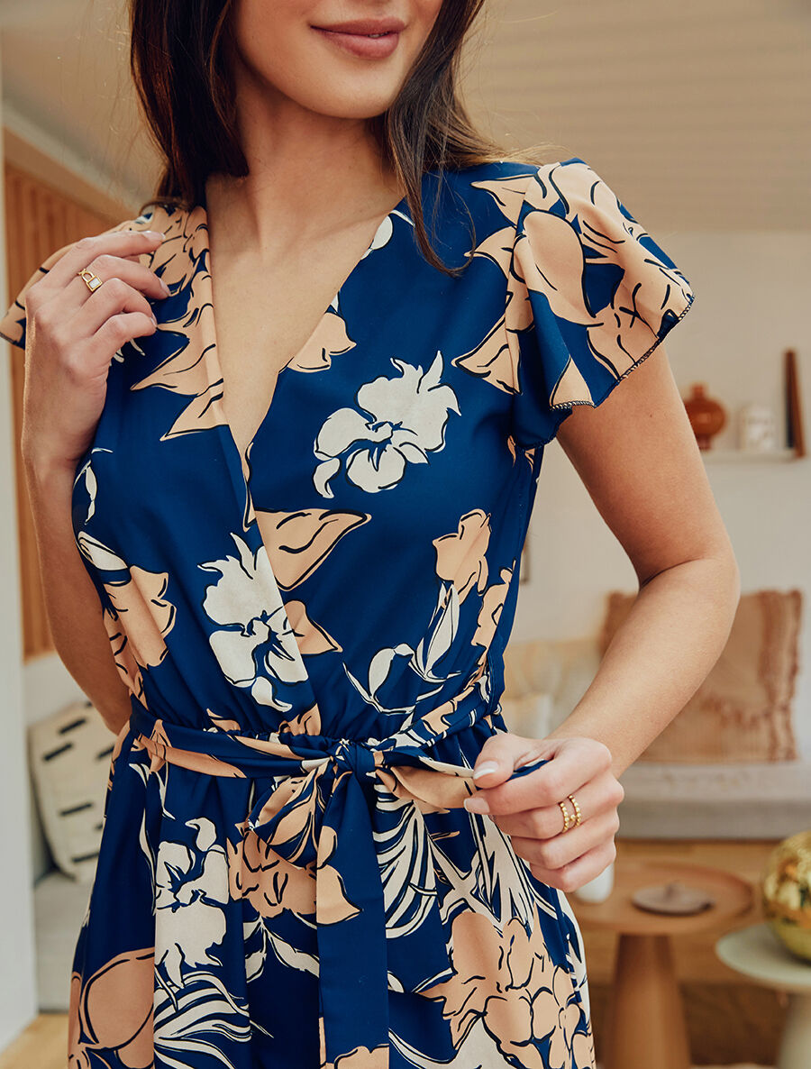 Robe mi-longue évasée imprimé fleuri - Marine - 6