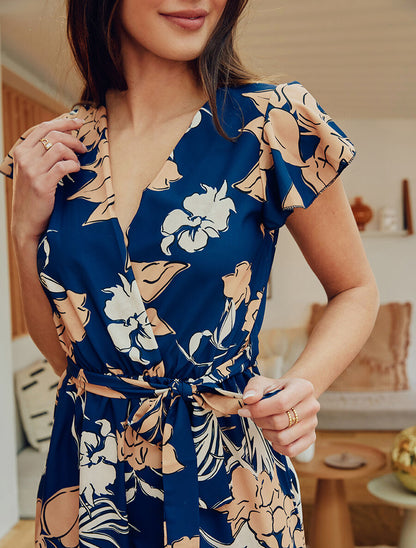 Robe mi-longue évasée imprimé fleuri - Marine - 6