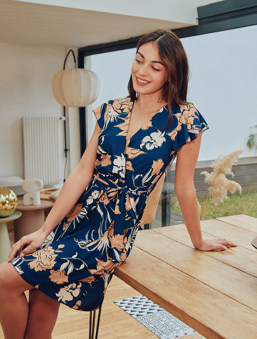Robe mi-longue évasée imprimé fleuri - Marine - 4