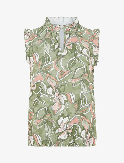 Top satiné sans manches motif fleuri et volants - Kaki - 1