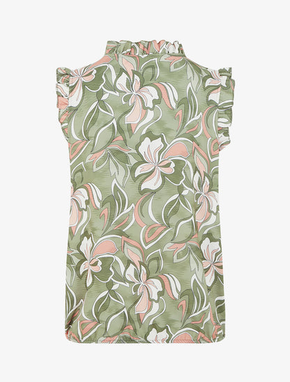 Top satiné sans manches motif fleuri et volants - Kaki - 2