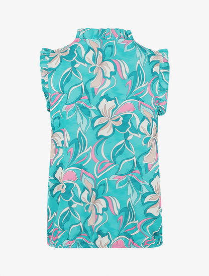 Top satiné sans manches motif fleuri et volants - Turquoise - 2