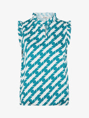 Top satiné sans manches motif fantaisie et volants - Bleu canard - 1