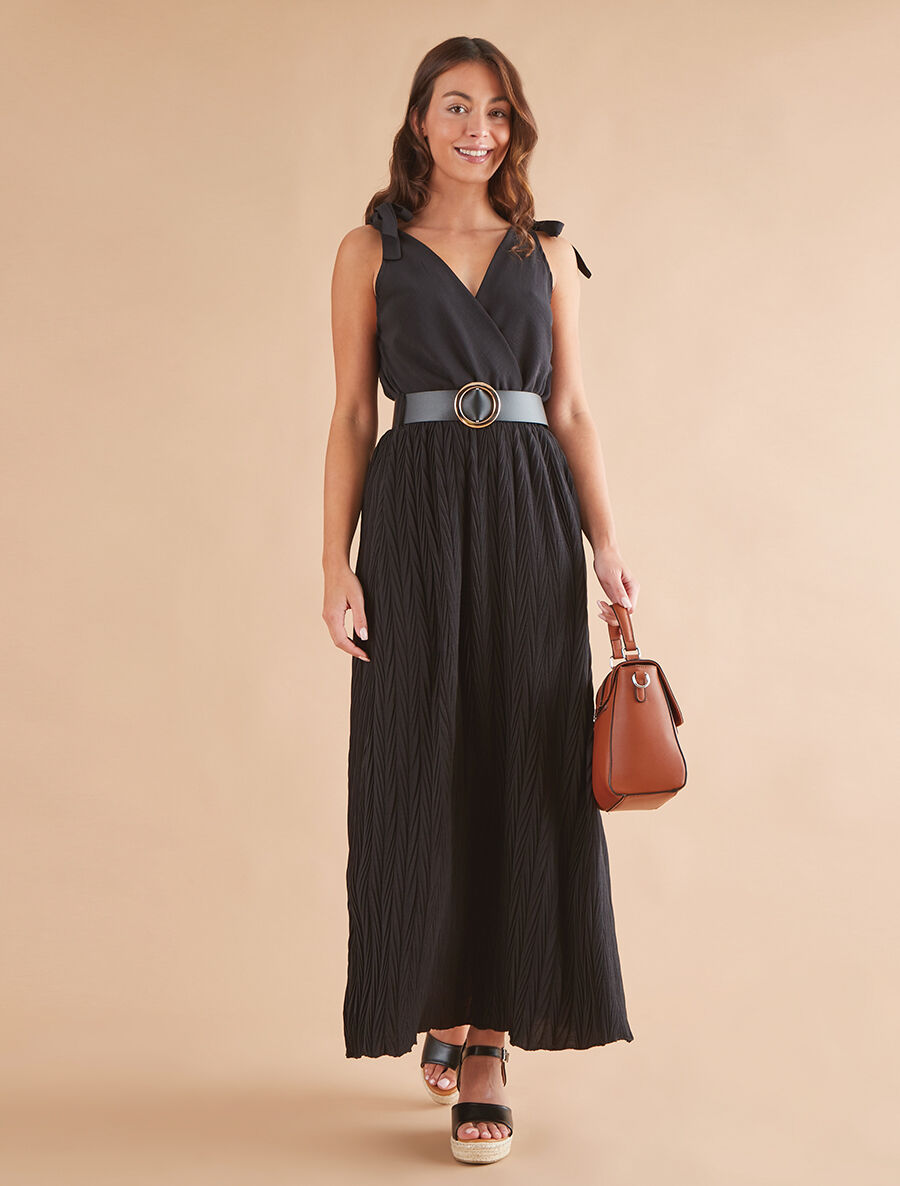 Robe longue à jupe texturée - Noir - 4