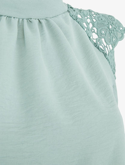 Top uni à manches courtes brodées - Vert d&
