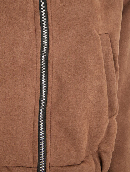 Veste courte en suédine à capuche - Camel foncé - 3
