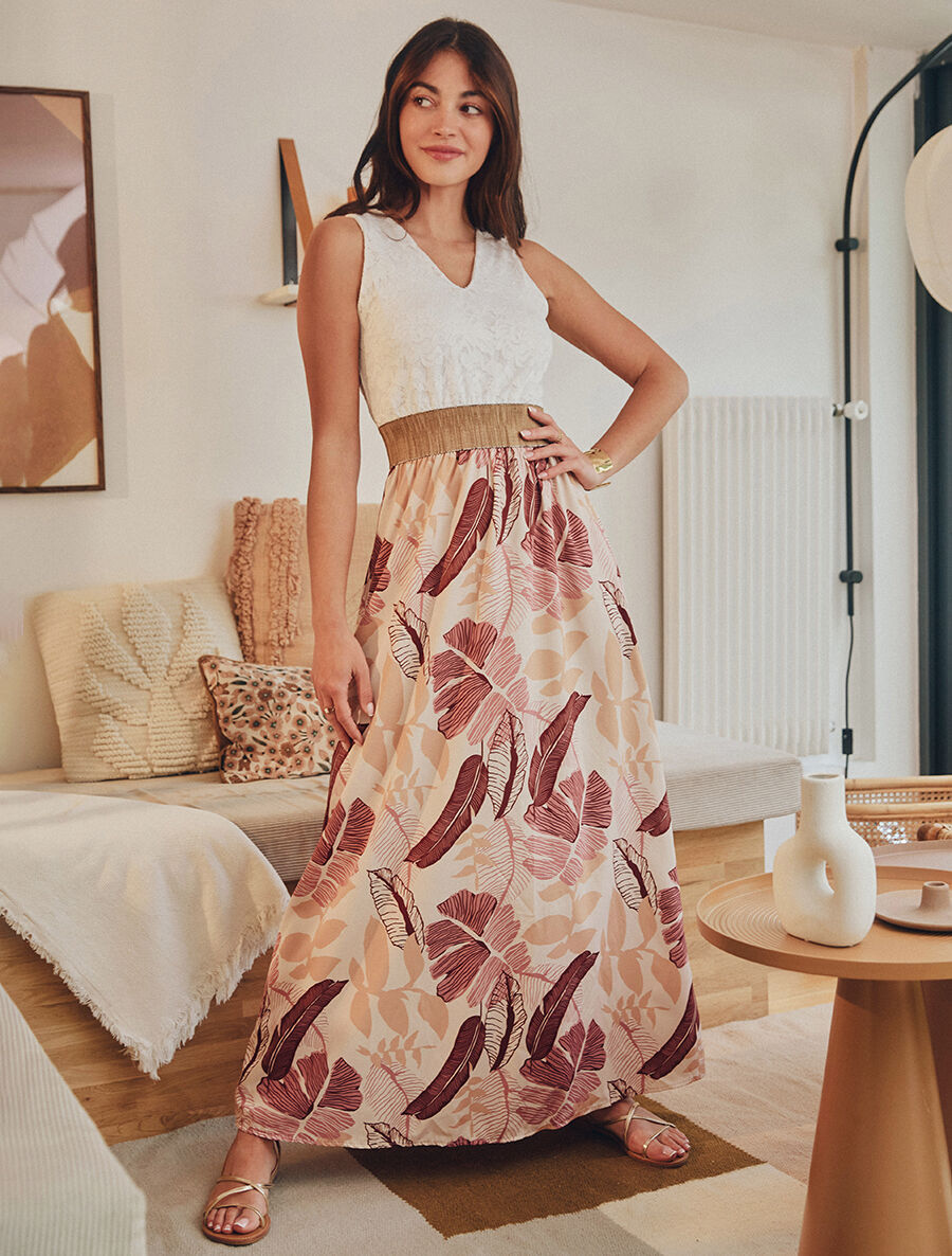Robe longue bi-matière imprimé feuilles - Beige - 1