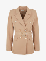 Blazer mi-long boutonné et ceinturé - Camel - 1