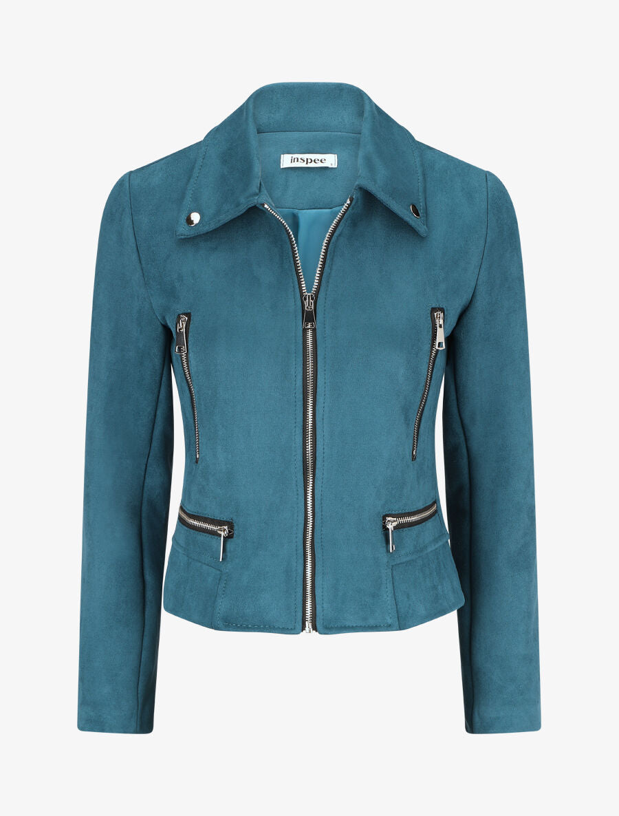 Veste en suédine à zips décoratifs - Bleu canard - 4