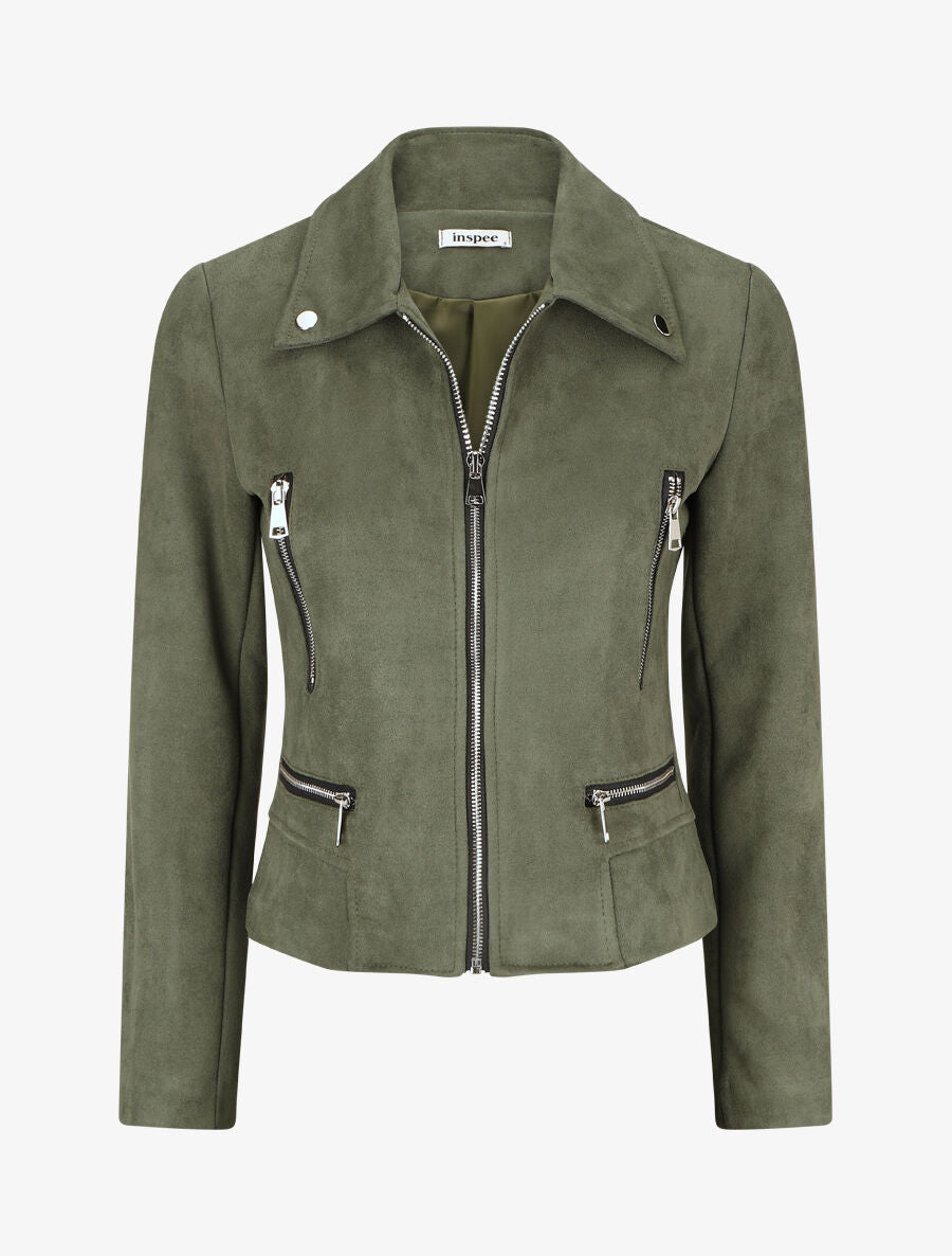 Veste en suédine à zips décoratifs - Kaki - 4