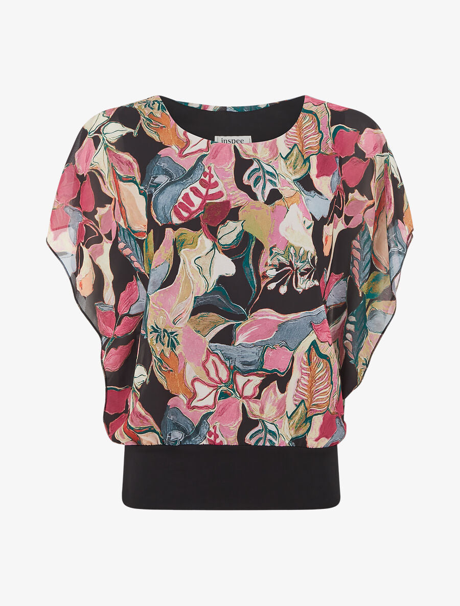 Blouse imprimé feuilles à manches volantées - Noir - 1