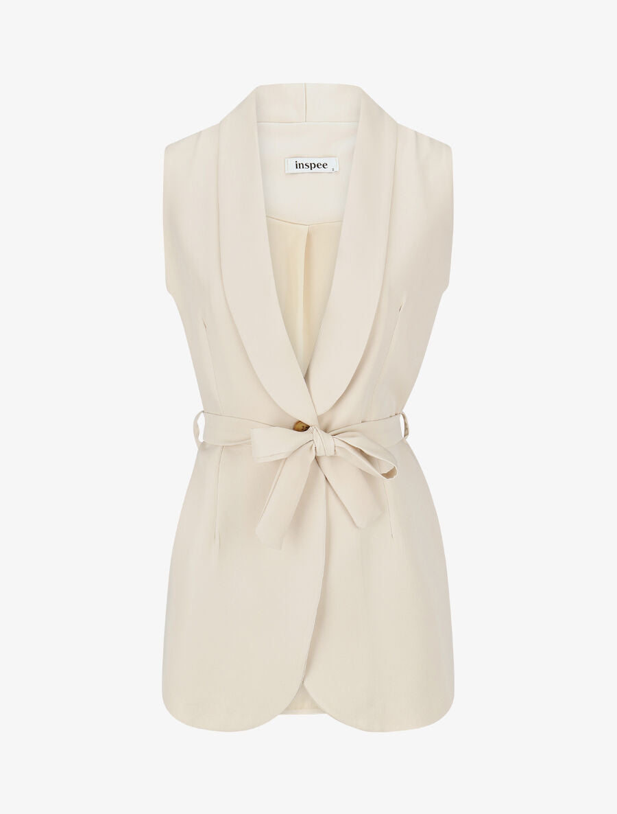 Blazer long uni sans manches - Beige - 4