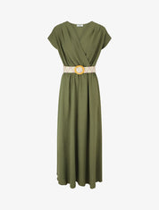 Robe longue unie élastiquée et ceinturée - Kaki - 1