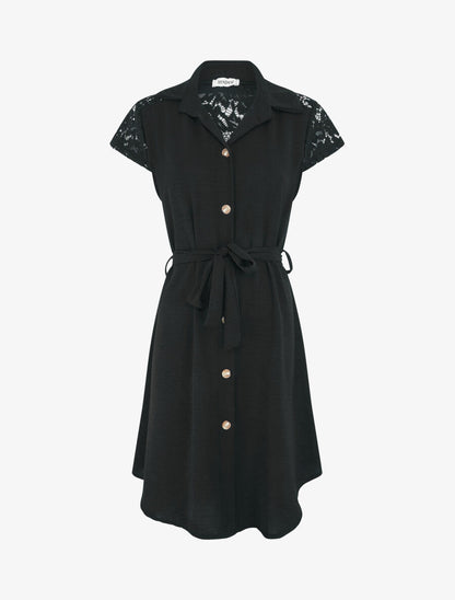 Robe mi-longue unie à empiècement dentelle - Noir - 1