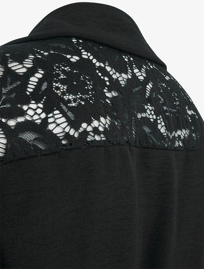 Robe mi-longue unie à empiècement dentelle - Noir - 3