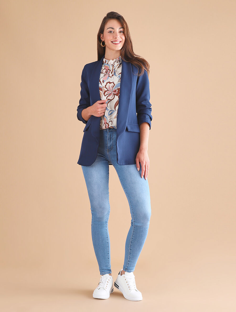 Blazer uni à manches froncées - Marine - 4