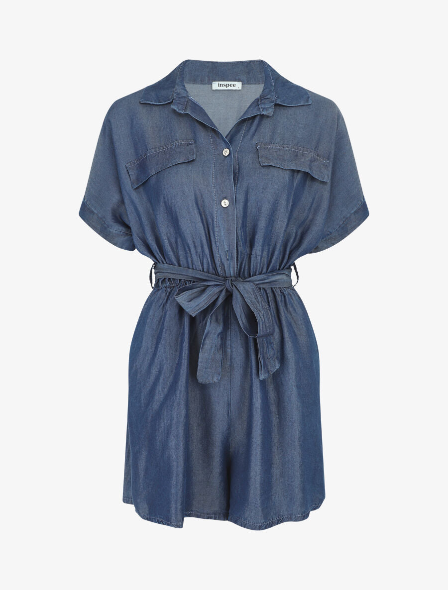 Combishort style chemise manches courtes - Bleu denim - 1