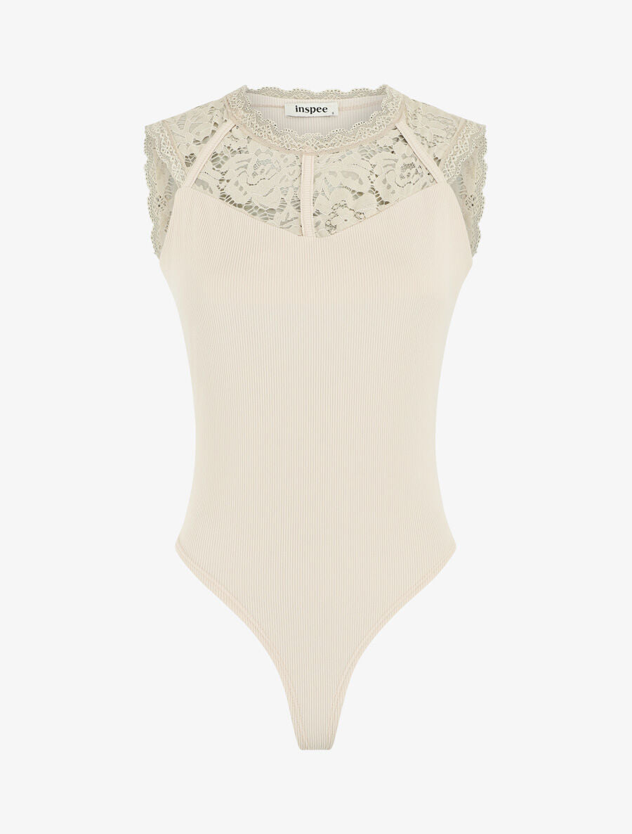 Body côtelé sans manches à dentelle - Beige - 4