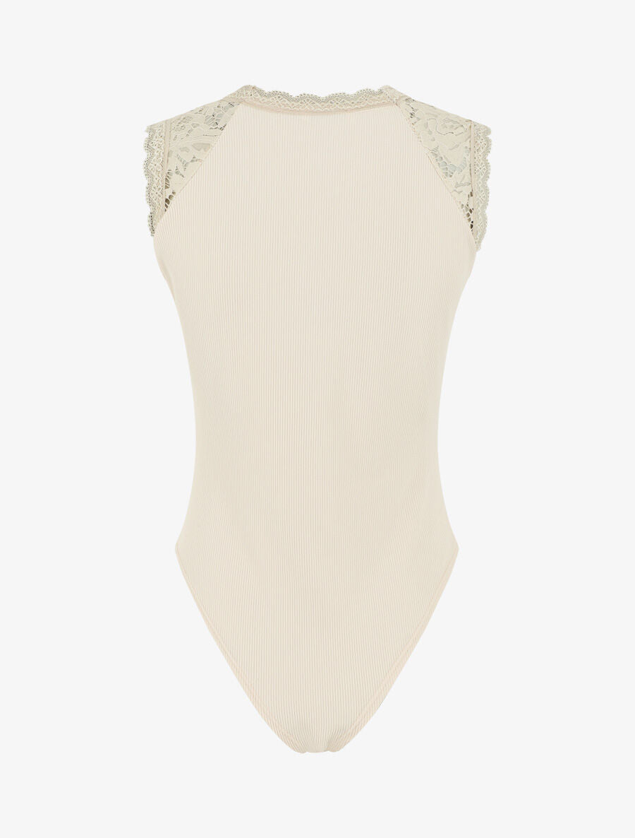 Body côtelé sans manches à dentelle - Beige - 2