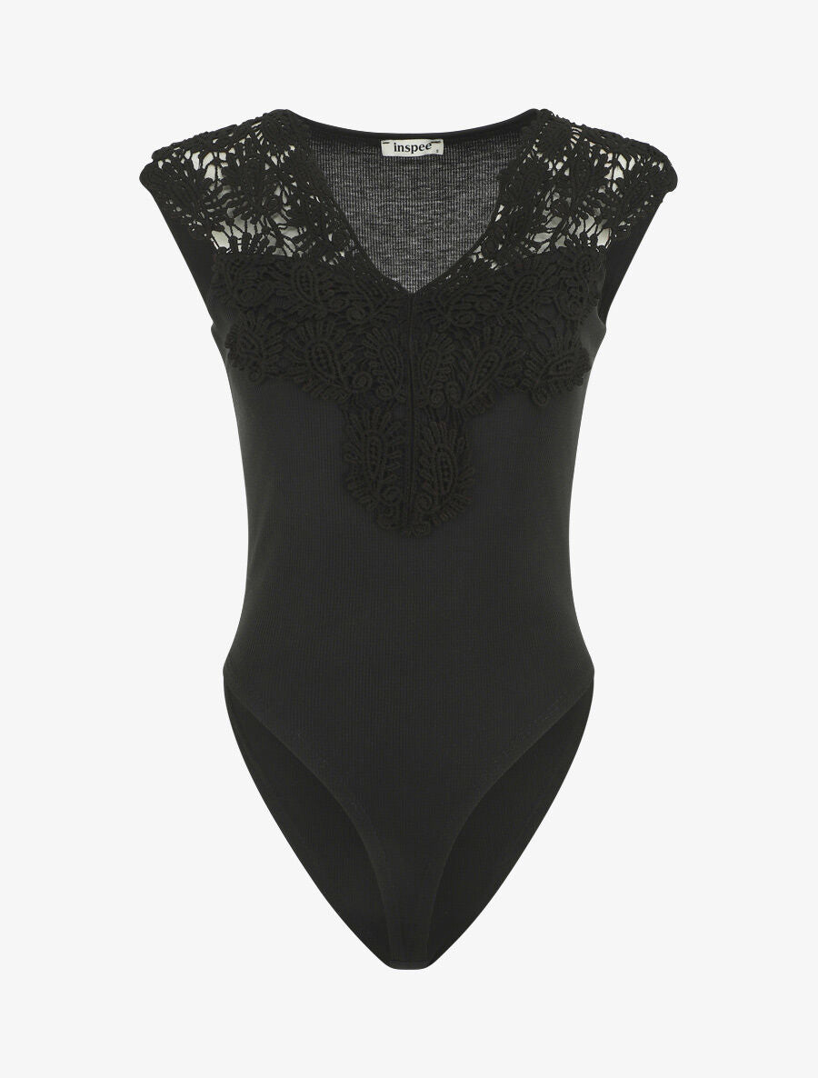 Body sans manches col V en dentelle - Noir - 1