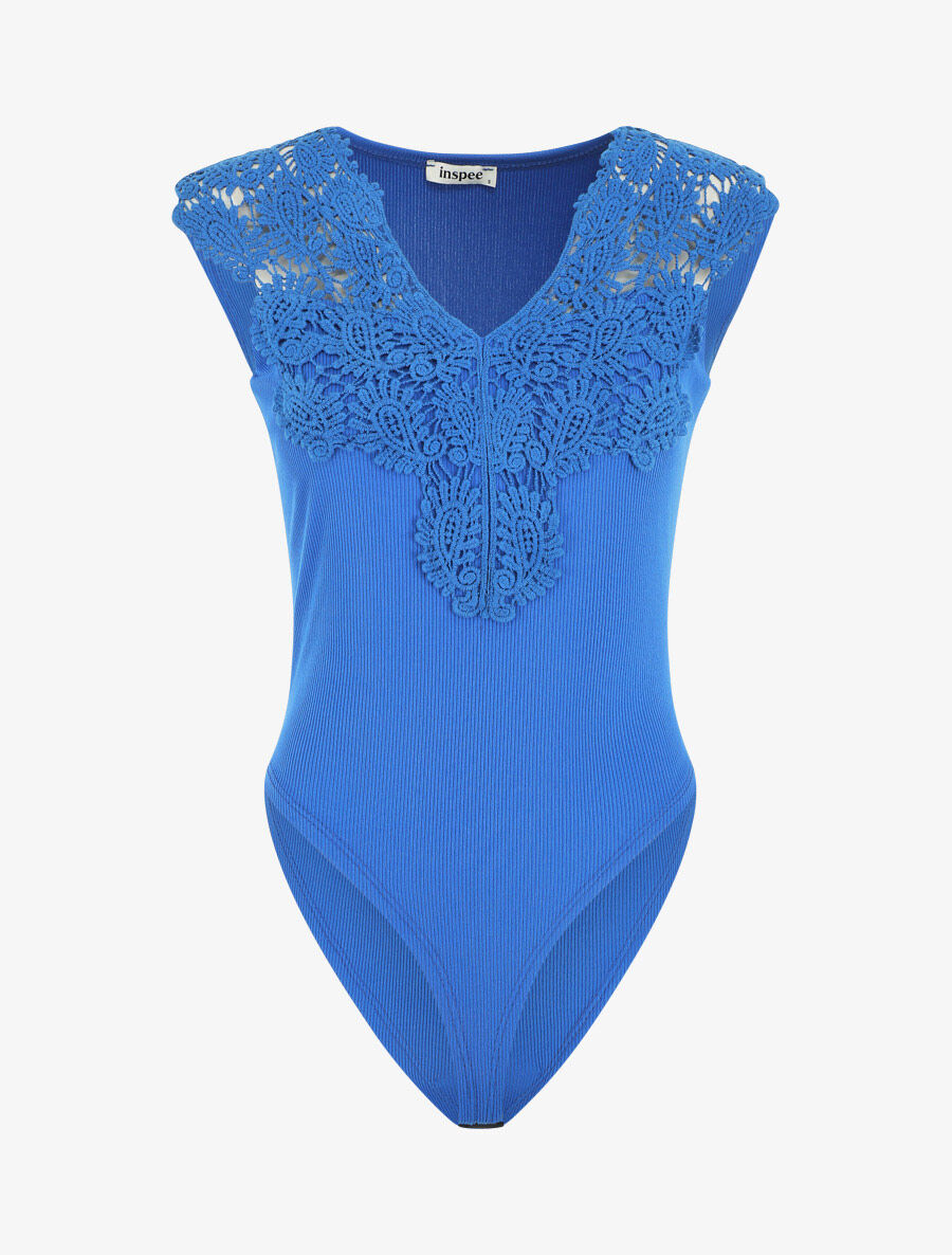 Body sans manches col V en dentelle - Bleu électrique - 1