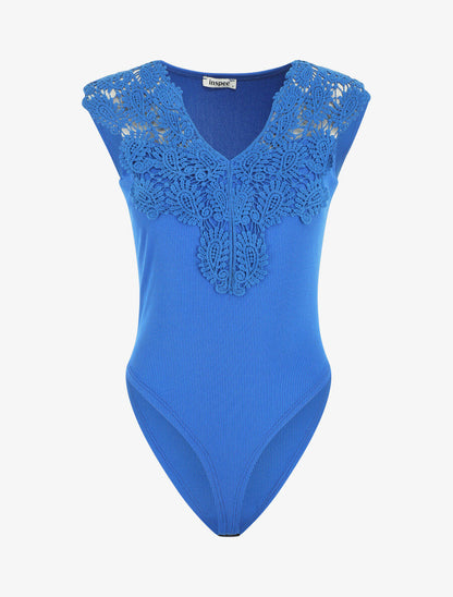 Body sans manches col V en dentelle - Bleu électrique - 1