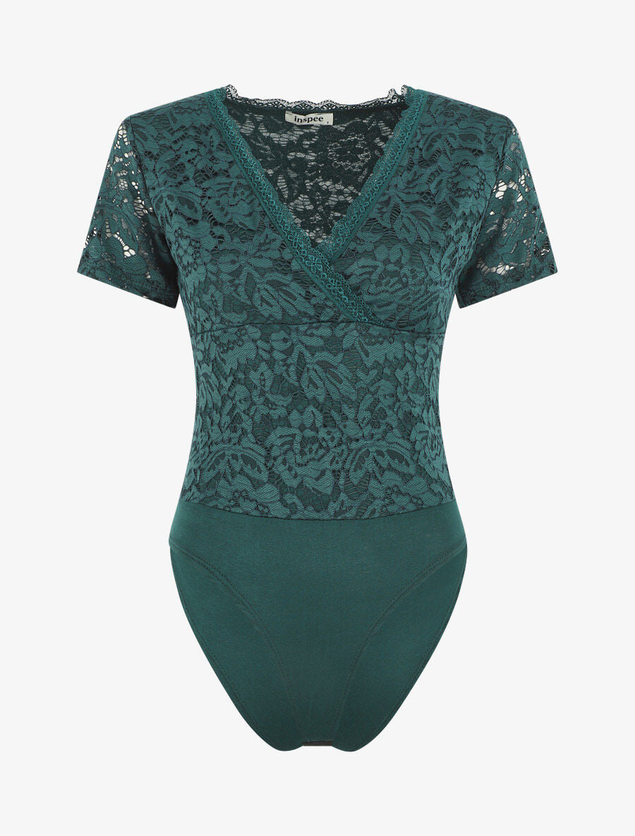 Body manches courtes en dentelle - Vert sapin - 1
